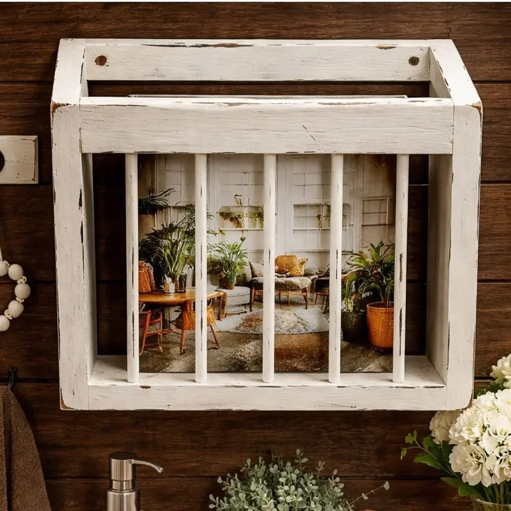 White Wood Slatted Wall Shelf Hanging Magazine Holder Rustic Farmhouse 13x12.5x3